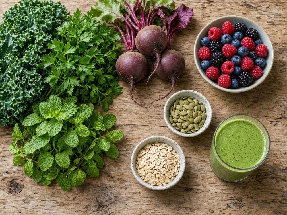 Fresh leafy greens, sliced beets, berries and a green smoothie on a wooden table